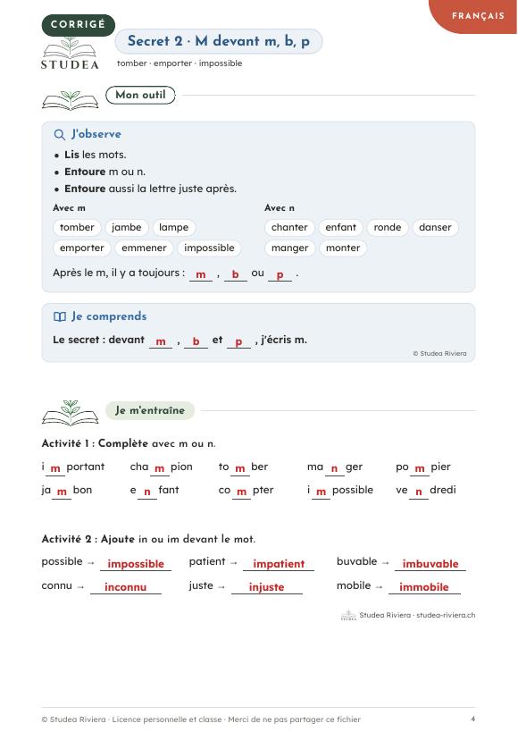 Corrigé du dossier détective : la même page du secret 2 avec les réponses écrites en rouge · fiche pédagogique PER, révision 7P–8P · Studea Riviera