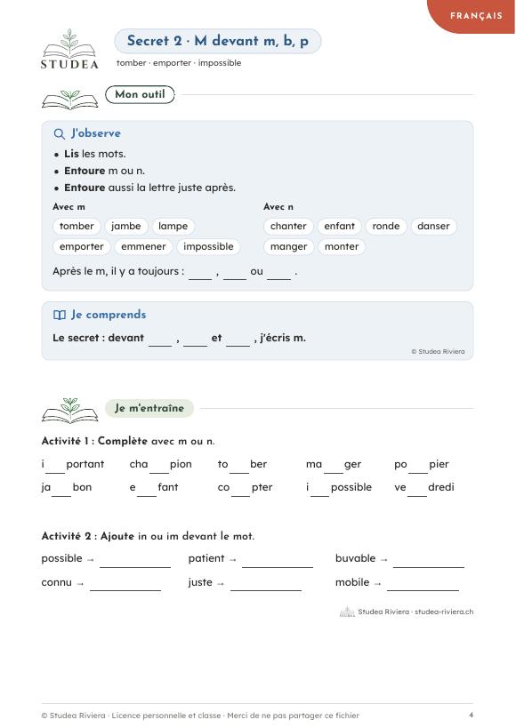 Page d'exercices du dossier détective : secret 2 · m devant m, b, p, activités à compléter avec m ou n · fiche pédagogique PER, révision 7P–8P · Studea Riviera