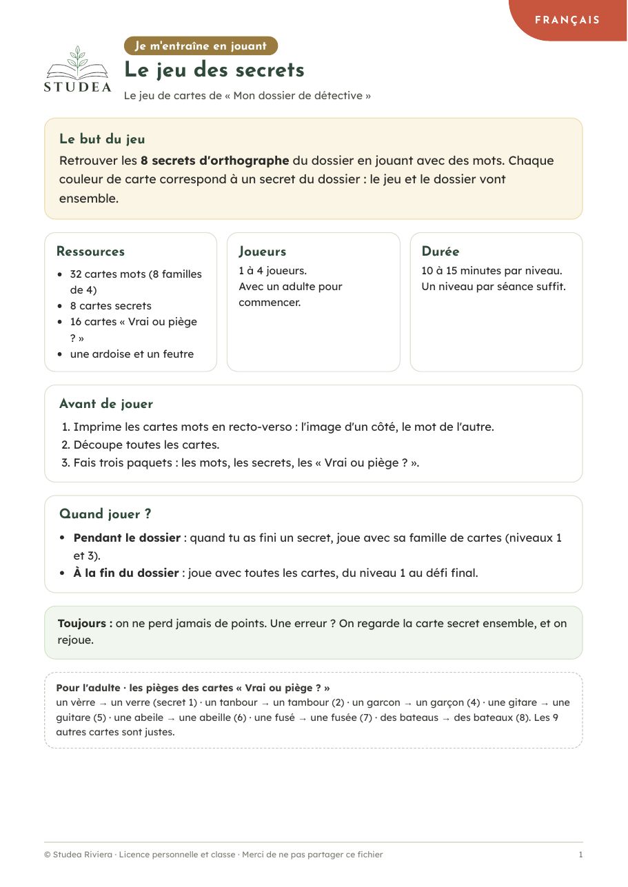 Règles du jeu des secrets : le but du jeu, les ressources, quand jouer, et les pièges pour l'adulte · fiche pédagogique PER, révision 7P–8P · Studea Riviera
