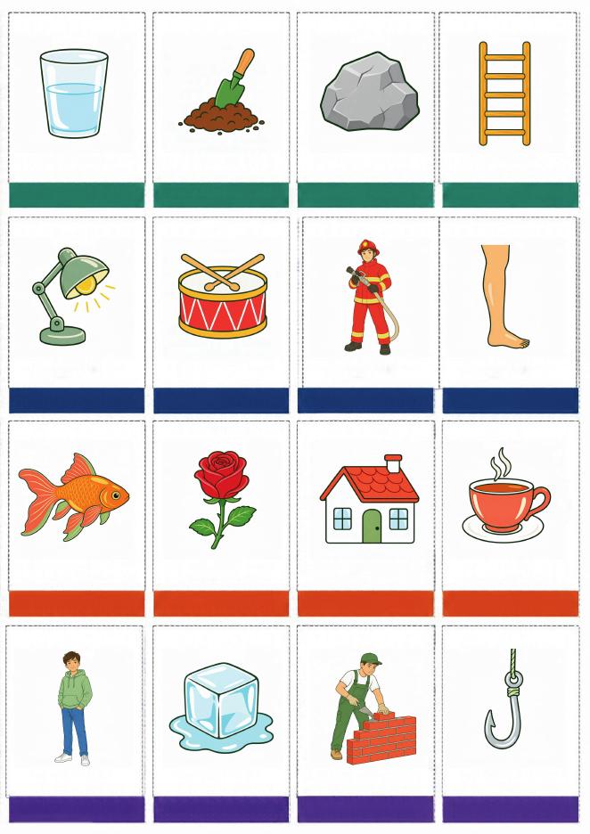 Cartes images du jeu des secrets : verre, terre, pierre, échelle, lampe, tambour… cartes à découper · fiche pédagogique PER, révision 7P–8P · Studea Riviera