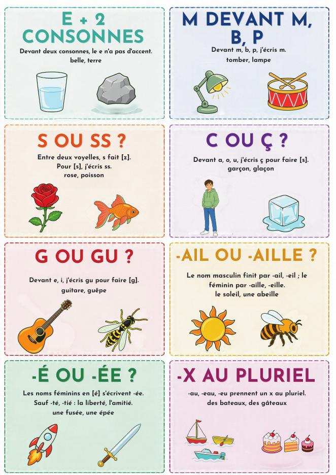 Cartes des secrets du jeu des secrets : e + 2 consonnes, m devant m b p, s ou ss, c ou ç… règles d'orthographe illustrées · fiche pédagogique PER, révision 7P–8P · Studea Riviera