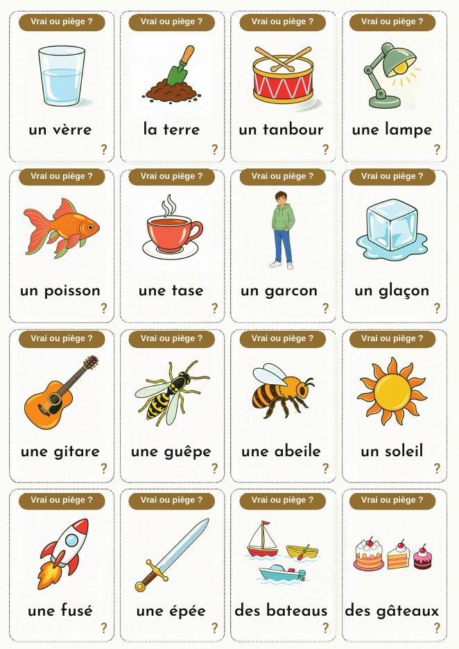 Cartes « Vrai ou piège ? » du jeu des secrets : mots mal écrits à corriger, comme un vèrre ou un tanbour · fiche pédagogique PER, révision 7P–8P · Studea Riviera