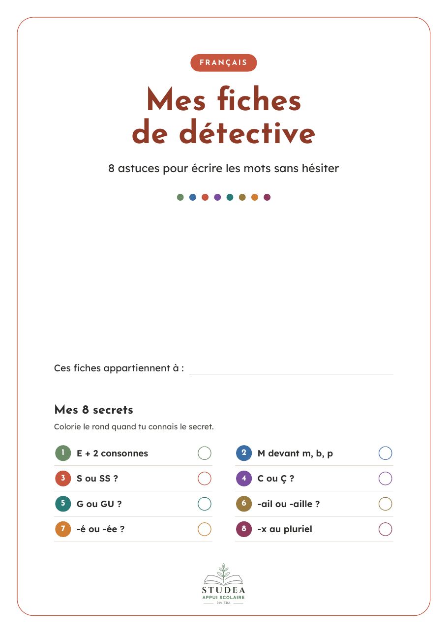 Couverture des fiches outils « Mes fiches de détective » : 8 astuces d'orthographe pour écrire les mots sans hésiter, fiche pédagogique à imprimer · fiche pédagogique PER, révision 7P–8P · Studea Riviera