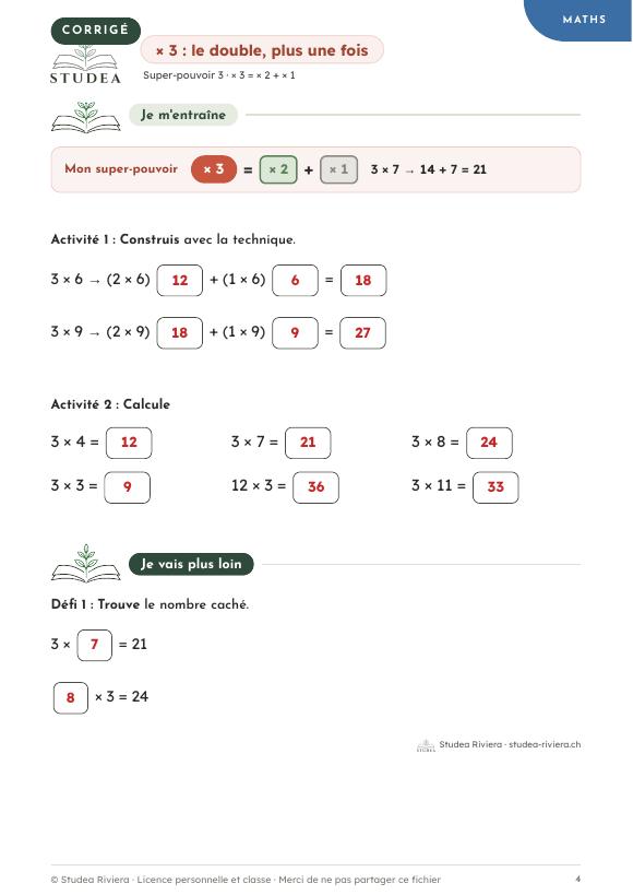 Corrigé du dossier d'entraînement maths : la même page × 3 avec les réponses écrites en rouge · fiche pédagogique PER, révision 7P–8P · Studea Riviera