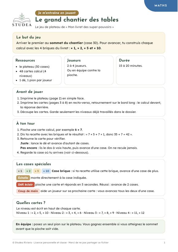 Plateau de jeu « Le grand chantier des tables » : 30 cases du départ jusqu'au sommet · fiche pédagogique PER, révision 7P–8P · Studea Riviera