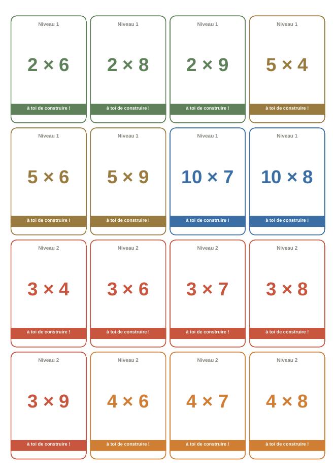 Cartes calcul du jeu du grand chantier : 2 × 6, 3 × 7, 10 × 8… calculs à construire avec les briques · fiche pédagogique PER, révision 7P–8P · Studea Riviera