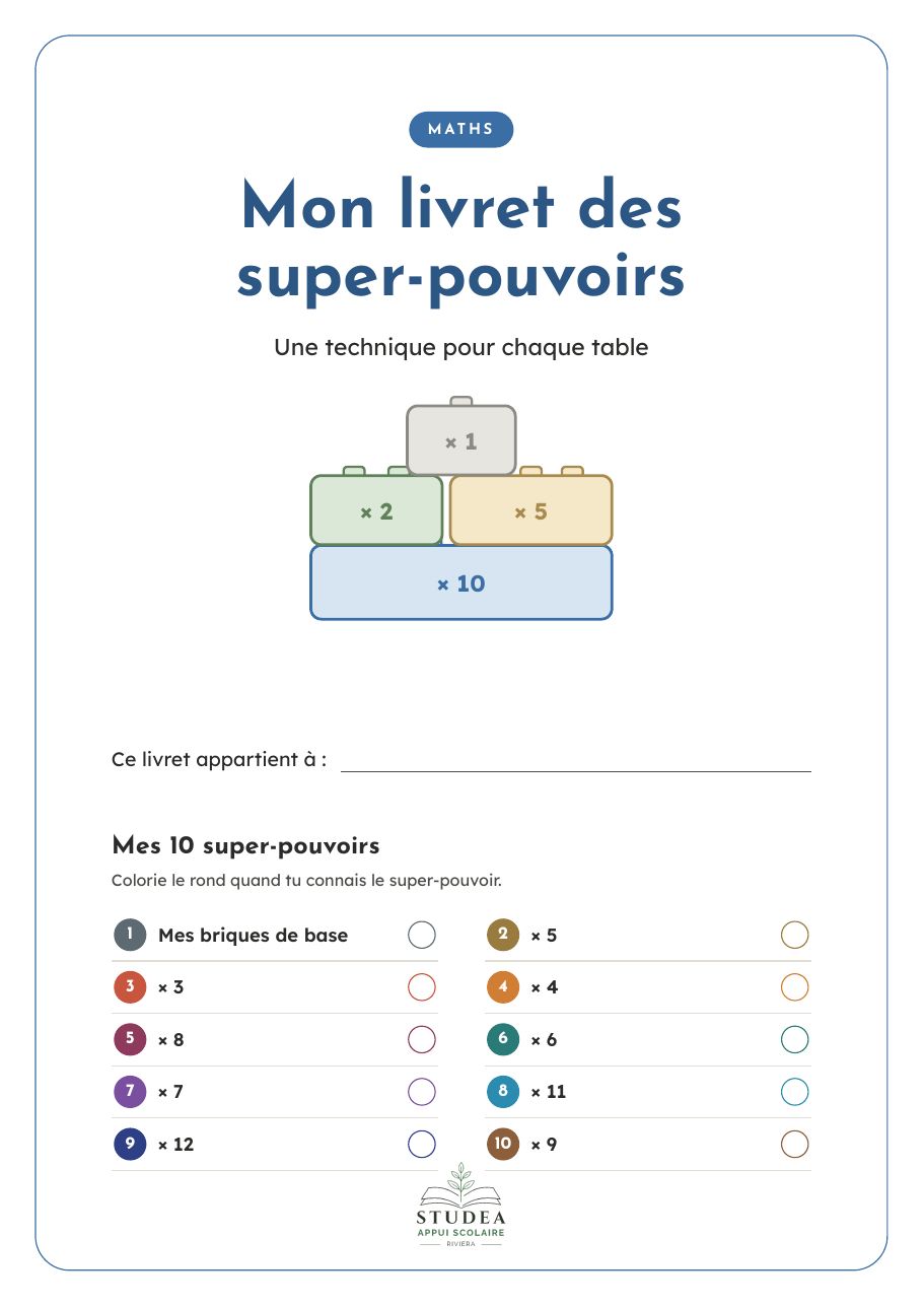 Couverture du livret « Mes super-pouvoirs » : les super-pouvoirs des multiplications, fiche pédagogique de maths à imprimer · fiche pédagogique PER, révision 7P–8P · Studea Riviera